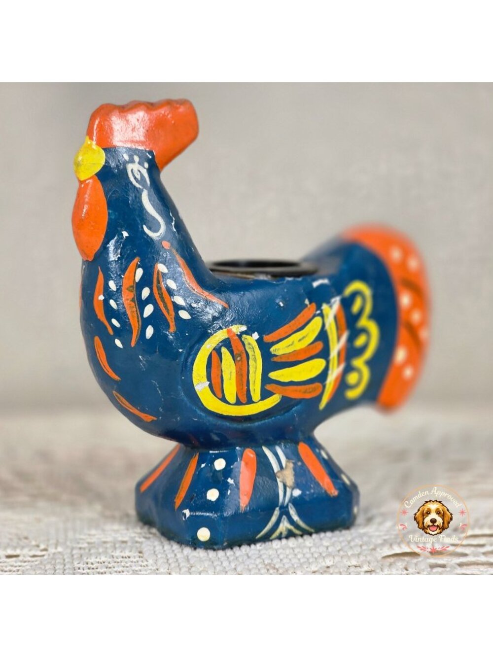 Vintage Folk Art Hand Painted Rooster Bird Candle Holder/Toothpick Holder 4"